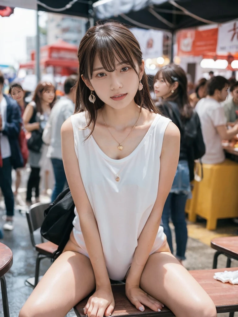 a women, ((blush)), ecstasy face, temptation, earrings, simple necklace, climbing and straddling to hit her wet cute panties on the corner of the table, open legs, raise leg, open mouth, ((masturbation)), ceiling, place where many people, (anime background), food festival,