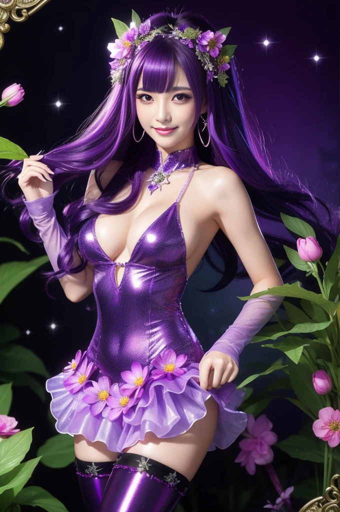 beautiful sexy woman who controls poison、beautiful smile、lipgloss、intense makeup、look at the camera、full body Esbian、、sparkling poisoned flower costume (purple)、、、、shiny sparkling multicolor hair、secrete poison、skull hair accessories schnet tights、shiny sparkling dark magic forest background