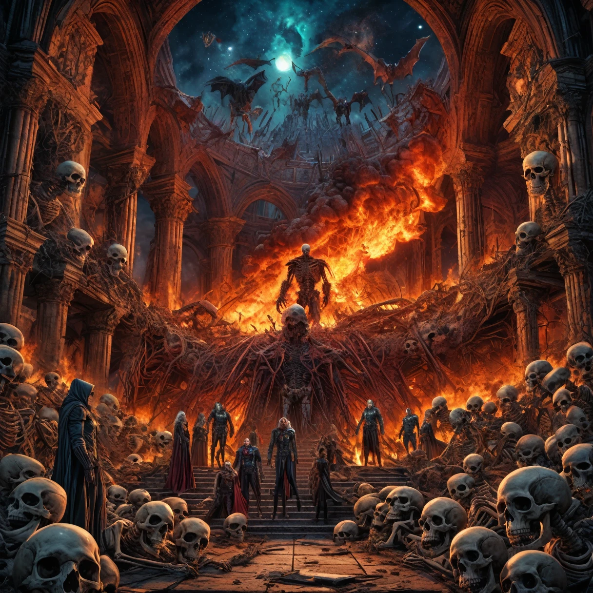 8k, UHD, HDR, intricate details, Photo,
a man talk to each other over a pile of corpses,The image depicts a group of superheroines with various powers and abilities, standing together in front of a fiery background, Appendix architecture made of skeletons., Fancy, intricate, elegant, Very detailed, centered, symmetry, chart, intricate, volumetric lighting, beautiful, masterpiece of rich deep colors, sharp focus, ultra detailed, In the style of Dan Mumford and Marc Simonetti, astroPhotografía