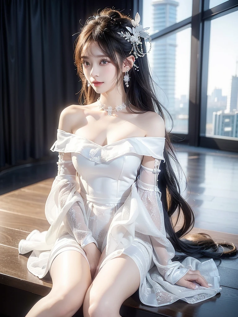 ((Highest quality)),(Ultra-high resolution),(Very detailed),(Detailed Description),((The best CG)),(masterpiece),Ultra-detailed art, semi-long、White off-the-shoulder dress、