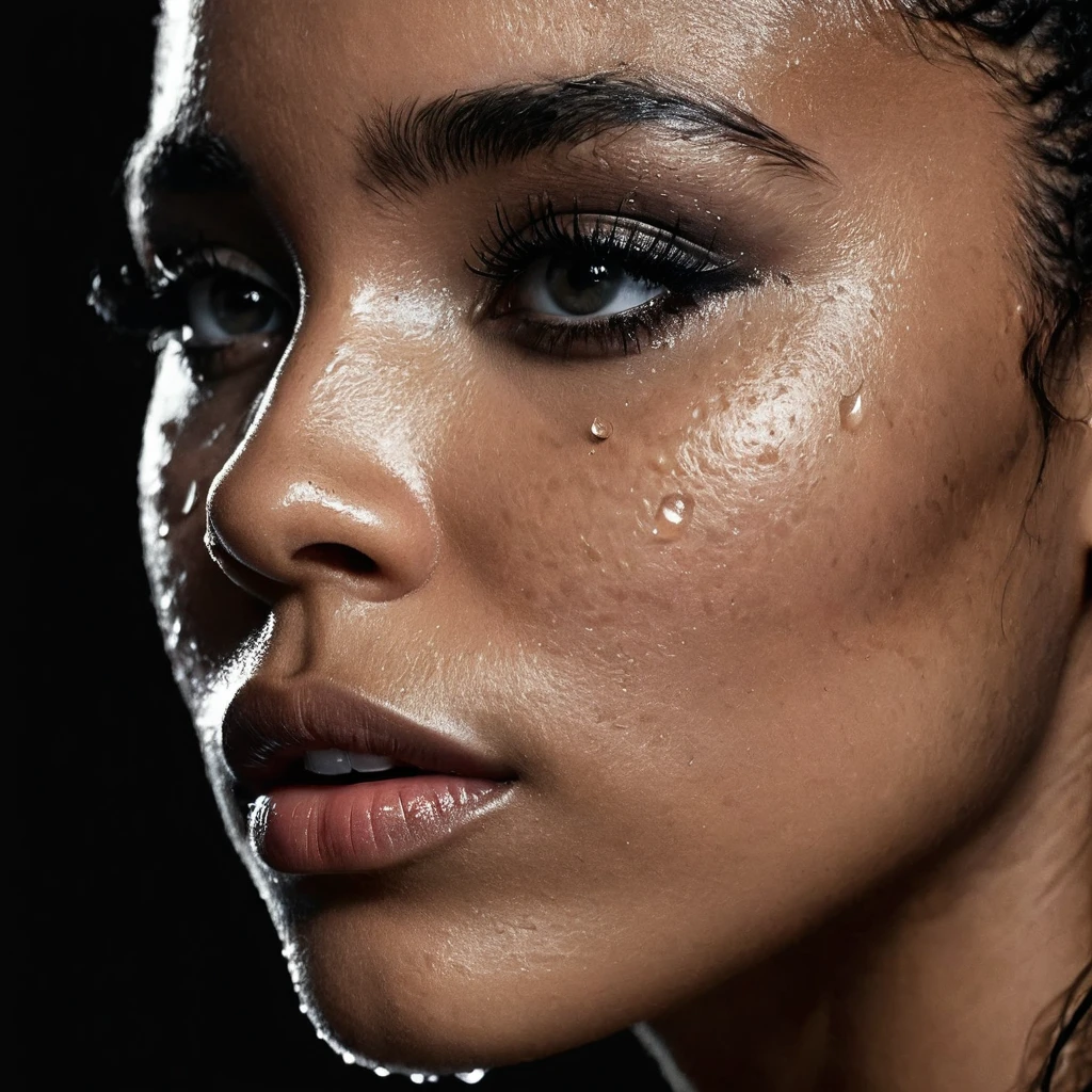 close up and zoomed in on a beautiful black girl with crying a water teardrop running down her face and a black background, close up on side profile only showing cheek and eyelight falling on face, noir photorealism, mysterious portrait of a woman, chiaroscuro portrait, grainy black and white photo. close up on side profile, tinashe, zoe kravitz, zoomed in on tear drop, euphoria vibes