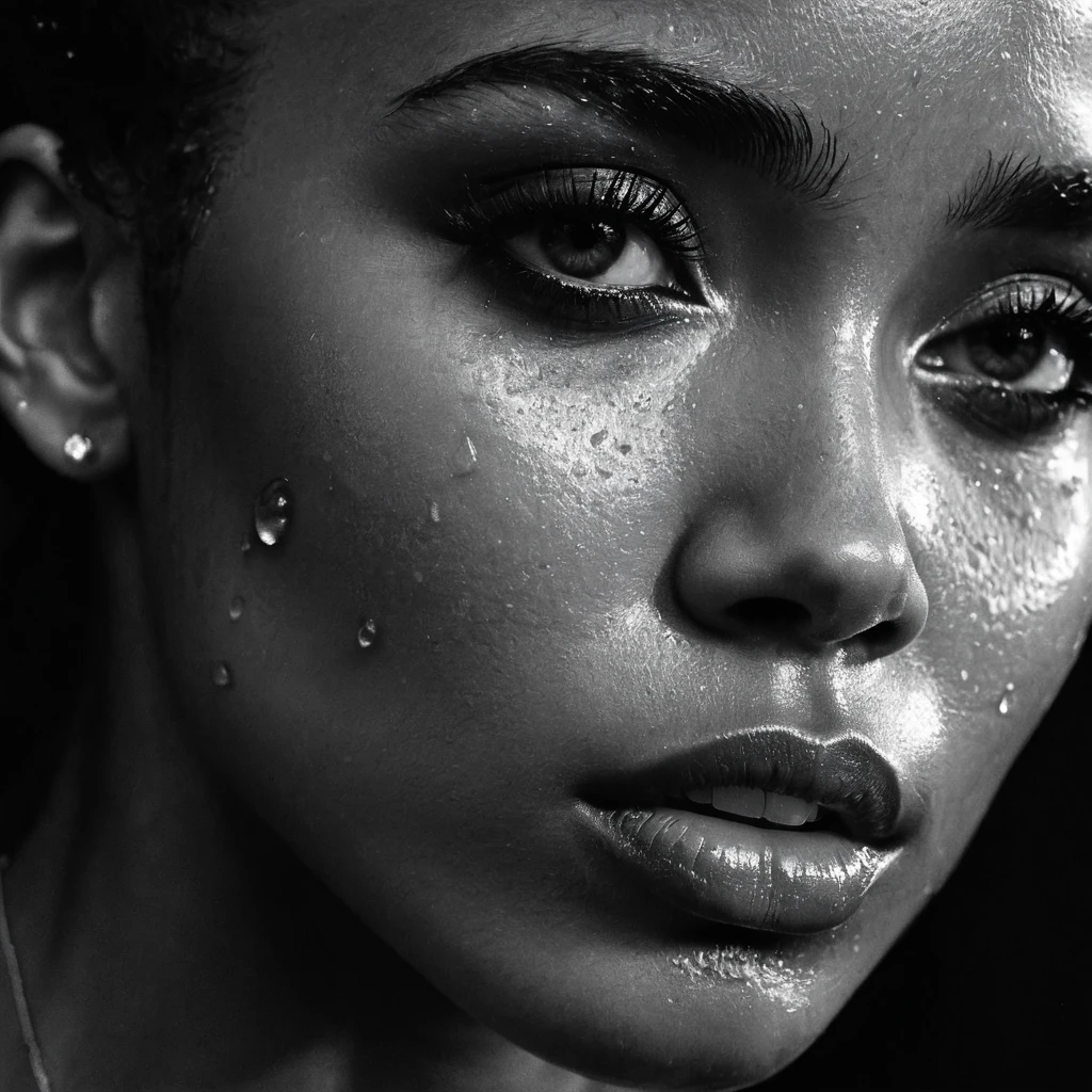close up and zoomed in on a beautiful black girl with crying a water teardrop running down her face and a black background, close up on side profile only showing cheek and eyelight falling on face, noir photorealism, mysterious portrait of a woman, chiaroscuro portrait, grainy black and white photo. close up on side profile, tinashe, zoe kravitz, zoomed in on tear drop, euphoria vibes