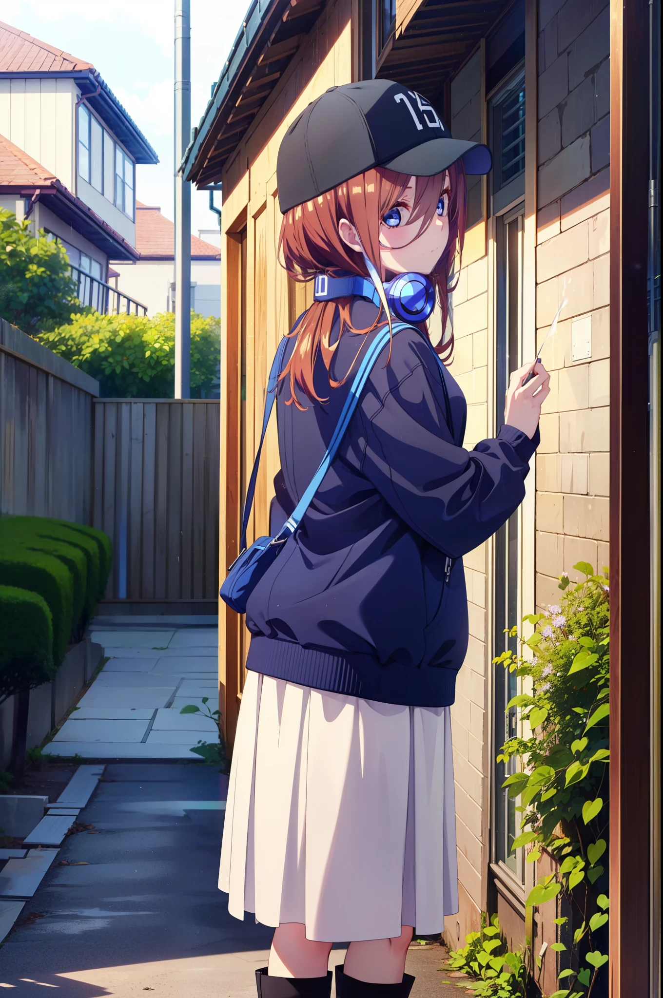 miku nakano, Nakano Miku Ticket III, Long Hair, bangs, blue eyes, Brown Hair, Hair between the eyes,Baseball hats,Headphones around neck,Oversized blue hoodie,Long skirt,short boots,rain,Hiding in a roofed building,Standing with my back against the wall,whole bodyがイラストに入るように,
break outdoors, Alley,
break looking at viewer, whole body,
break (masterpiece:1.2), Highest quality, High resolution, unity 8k wallpaper, (figure:0.8), (Beautiful attention to detail:1.6), Highly detailed face, Perfect lighting, Highly detailed CG, (Perfect hands, Perfect Anatomy),