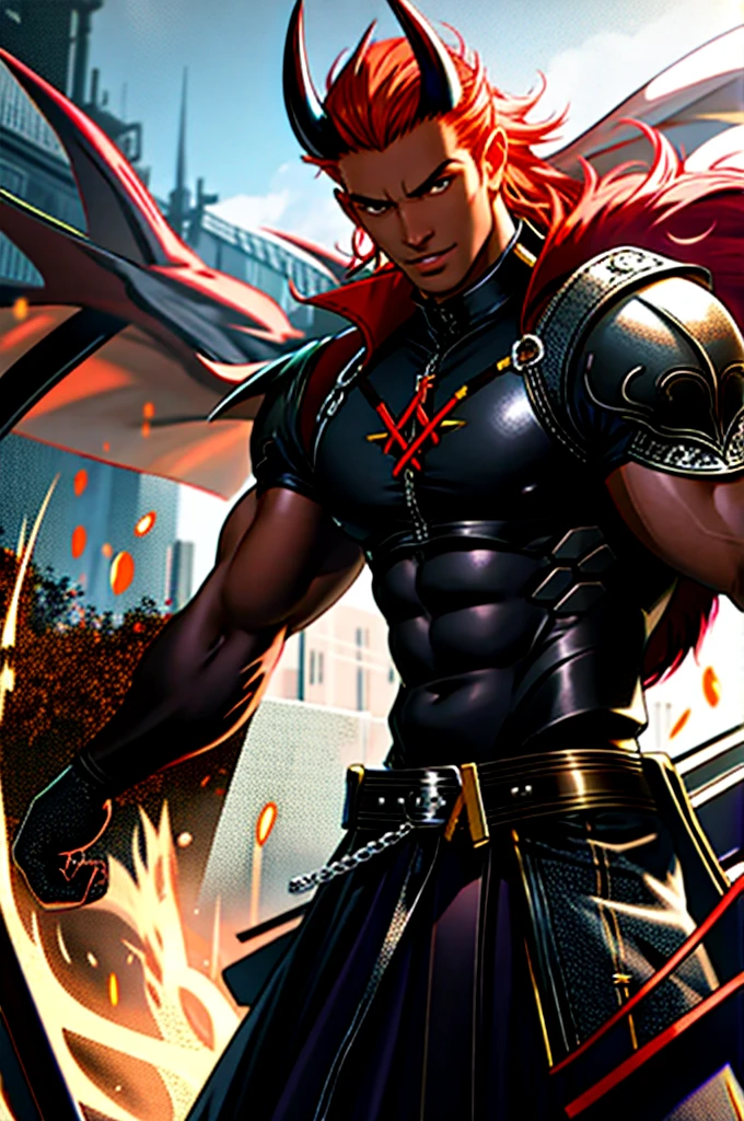 beste-Qualit, tmasterpiece, realisti, demon, masculine, devil, horns that grow out of his forehead, left iris gold colored, right eye has eyepatch over it, ((right arm mechanical with silver metal)), muscular, brown skin, crimson shoulder length , devil's dragon tail, in full height, bare chest, ((wearing two thick leather straps in an X pattern across chest)), wearing long skirt over hips and legs, slit in skirt, fantasy, dark fantasy, (Ultra-detailed:1.3), Finely detailed, Ultra-detailed, (dynamicpose:1.0),(centered, scale to fit the dimensions, the rule of thirds), hight resolution, sharp-focus,(Ultra Detailed, Extremely detailed),(Photorealistic works of art:1.37),(extremely detailed CG unity 8k wallpaper),(((bright colours, A striking theme))),(Intricate),(Masterpiece),(Best Quality), Depth of field