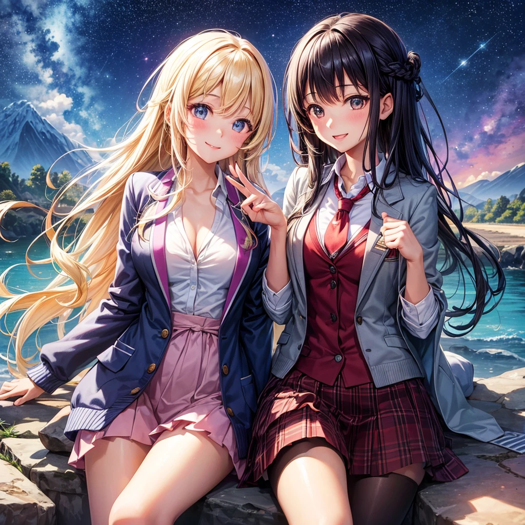 best quality,,smile,blazer,swimsuit,nepal,middle School girlultiple girls are depicted,harem,idol group,starry sky background,photo shoot,long hair,wearing a cardigan,beautiful girlの国,girl's paradise,highest quality,big breasts,leather jacket,happy girl,horny girl,blue eyes,perfect face,standing position,She has her bangs down,fur jacket,Beautiful eyes,smooth hair,perfect eyes,beautiful girl,Angel Girl,multicolored hair colors,naughty girl,beautiful,High-dimensional beautiful girl,Multidimensional beautiful girl,gathering,Group、,classroom,School,