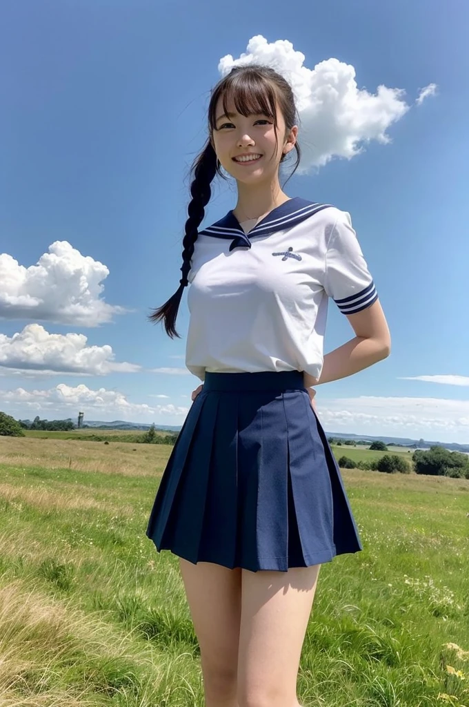 girls standing in windy rural field,large cumulonimbus cloud in summer blue sky,white sailor shirt,navy blue pleated skirt fluttering up in wind,white panties,18-year-old,bangs,a little smile,thighs,knees,short hair with low pigtails bunches blowing in wind,from below,front light