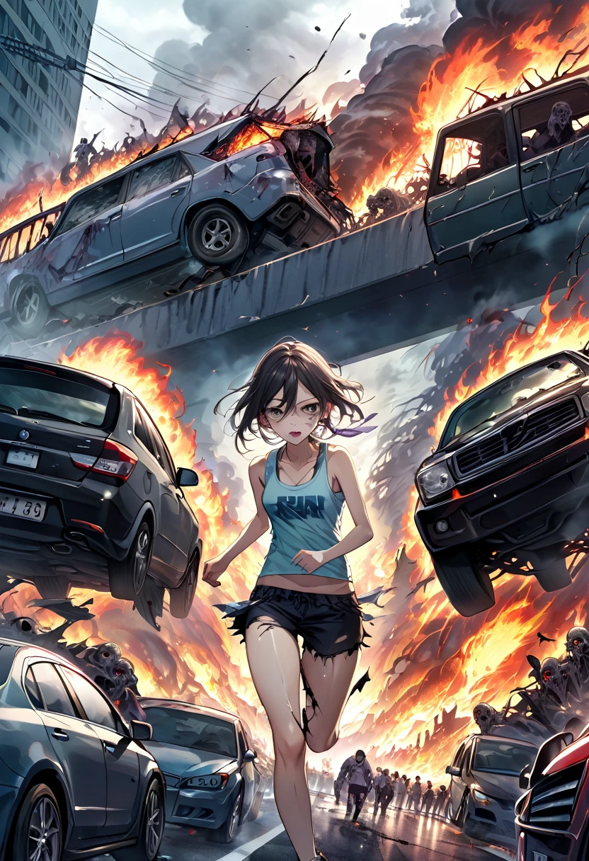 woman,spats,belly button,Tank top,slender,run away,Clothes are torn,Covered in scars,fear,Watery eye,Being chased by a large number of beautiful zombies,End of the World,Defects in the body,Expressway,traffic jam,Car accident,fire