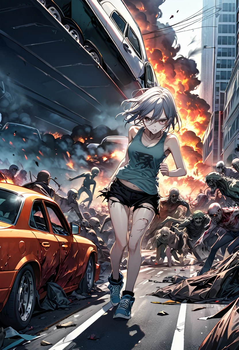 woman,spats,belly button,Tank top,slender,run away,Clothes are torn,Covered in scars,fear,Watery eye,Being chased by a large number of beautiful zombies,End of the World,Defects in the body,Expressway,traffic jam,Car accident,fire