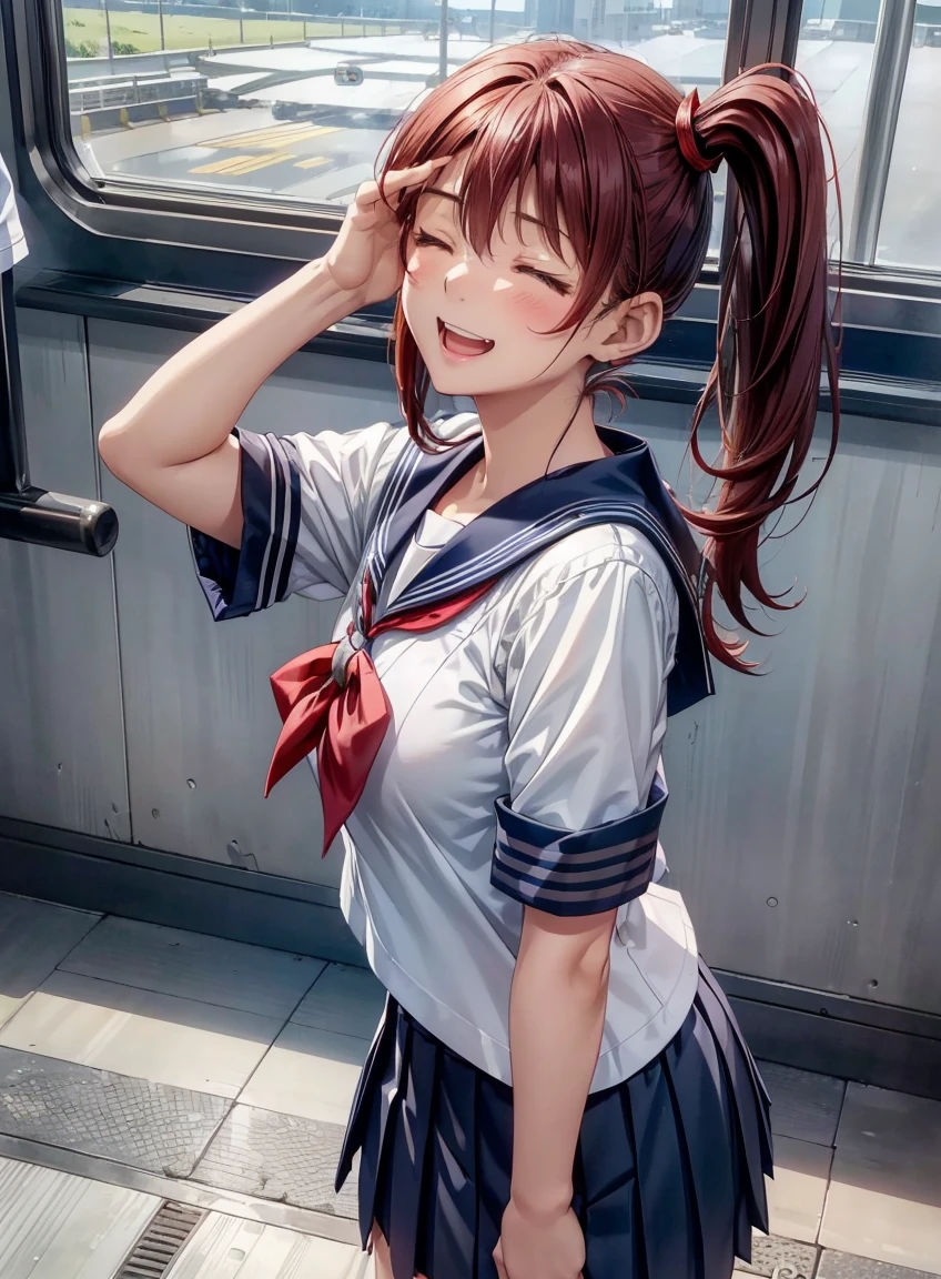 Beautiful Features、Japanese, ((Dark redhead、Side Ponytail: 1. 5)), ((Slanted Eyes:1.3)), ((Close your eyes and laugh:1.4)), Highly detailed eyes, Highest quality, Ultra-high resolution, Beautiful and vivid illustrations、Ultra-realistic oily and glossy skin, Detailed fabric texture, Ray Tracing, High resolution CG Unity 8k wallpaper, RAW Photos, Natural front light、Accurate Fingers, Anatomically correct, 
BREAK, 
(Sailor suit、Navy blue pleated skirt:1.3), Micro Mini Skirt、Commuting by train、