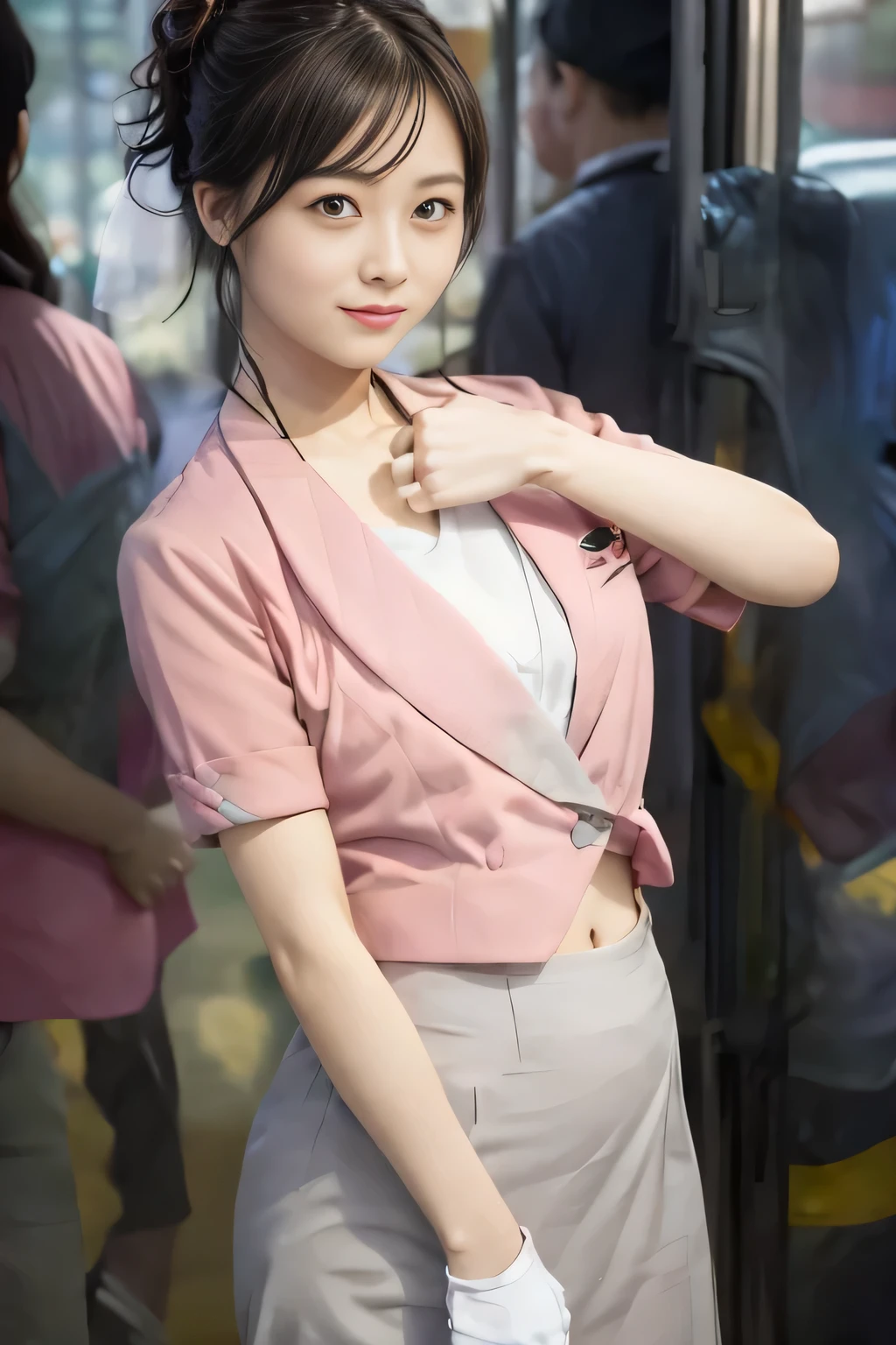 Showing your belly button、(masterpiece:1.2, Highest quality:1.2), 32k HDR, High resolution, (alone、1 girl)、 (Height: 160cm)、(On the rooftop of a building in the daytime、Professional Lighting)、Building rooftop background、(Nankai train crew uniform pinkを着たリアルスタイル)、(Nankai train crew uniform pink short sleeve collarless pink jacket、Nankai Train Crew Uniform Pink Collarless Short Sleeve Blouse、Nankai Train Crew Uniform Pink Grey Knee-length Culottes)、(The pink jacket is showing from the culottes.)、Dark brown hair、(Hair tied up、Hair tied up、Evening curly hairstyle)、Dark brown hair、Long Shot、Big Breasts、Thin legs、((Great hands:2.0)),((Harmonious body proportions:1.5)),((Normal limbs:2.0)),((Normal finger:2.0)),((Delicate eyes:2.0)),((Normal eyes:2.0)))、smile、(Nankai Train Crew Uniform Pink Grey Knee-length Culottesを見せた美しい歩く姿)、Place your hands around your stomach