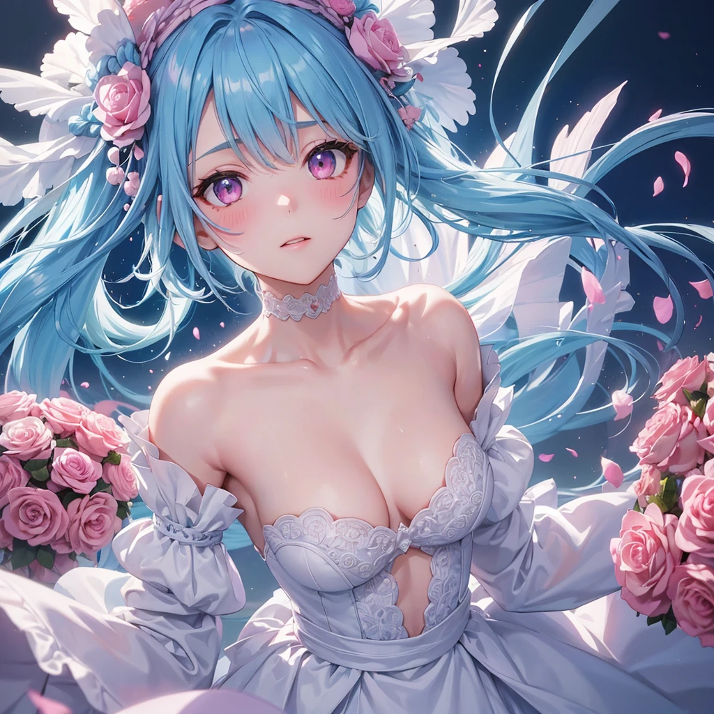 Sky blue hair, (Braided Ponytail),(Pink Eyes),Fair skin ,(whole body),(1 Girl),bride,blush,Straight bangs, 6月のbride,Wedding dress,(masterpiece, Highest quality, Very detailed, Best Shadow), (Detailed Background), (Beautifully detailed face), High Contrast, (Best lighting, Very delicate and beautiful), ((Cinematic Light)), colorful, Hyper Detail, Dramatic Light, Intricate details,Wedding hall,Rose flower。