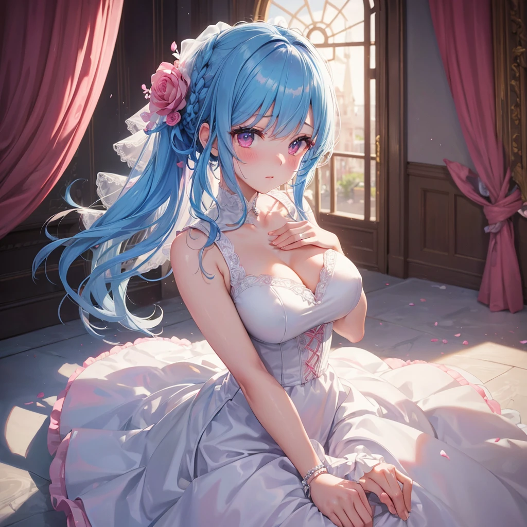Sky blue hair, (Braided Ponytail),(Pink Eyes),Fair skin ,(whole body),(1 Girl),bride,blush,Straight bangs, 6月のbride,Wedding dress,(masterpiece, Highest quality, Very detailed, Best Shadow), (Detailed Background), (Beautifully detailed face), High Contrast, (Best lighting, Very delicate and beautiful), ((Cinematic Light)), colorful, Hyper Detail, Dramatic Light, Intricate details,Wedding hall,Rose flower。
