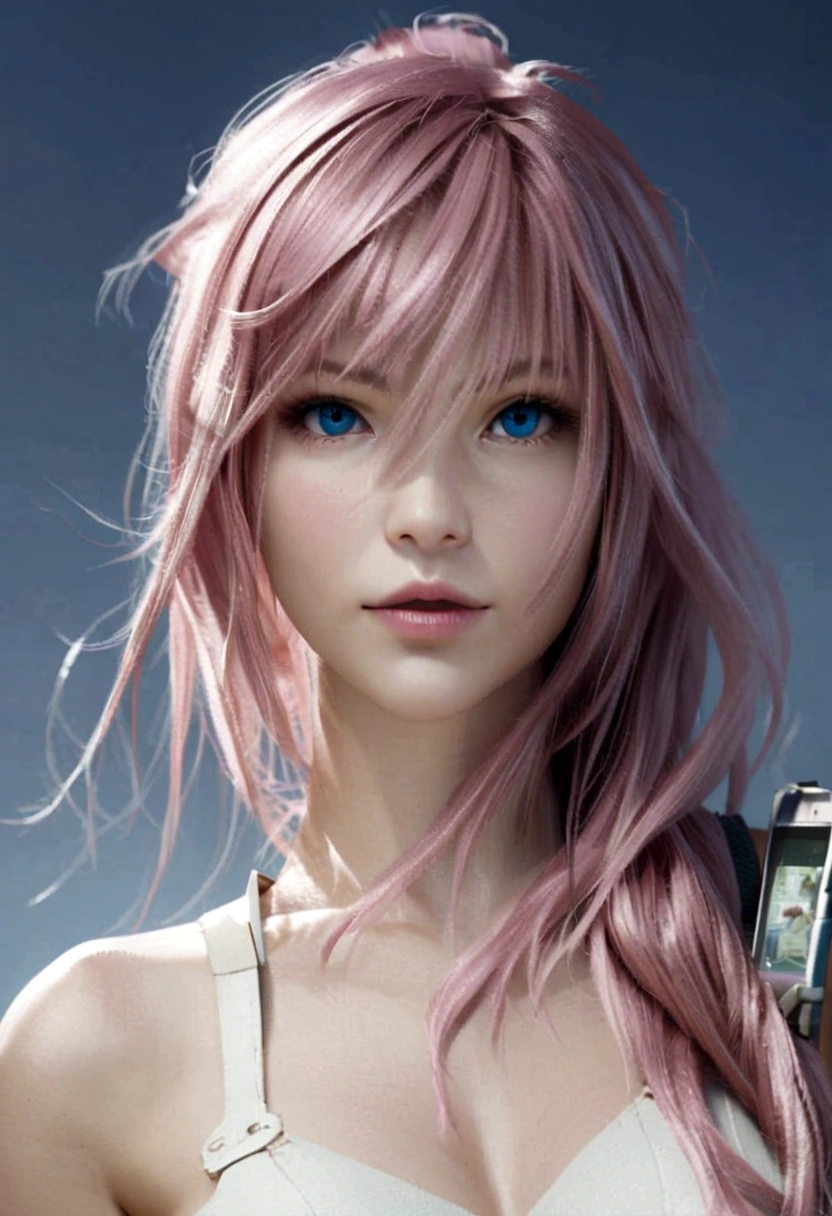 a woman with pink hair and a white dress holding a cell phone, final fantasy character, from final fantasy xiii, from final fantasy, photorealistic anime girl render, final fantasy face, stunning anime face portrait, realistic young anime girl, portrait knights of zodiac girl, 3 d anime realistic, beautiful anime girl, beautiful anime face, beautiful anime portrait, anime girl in real life
