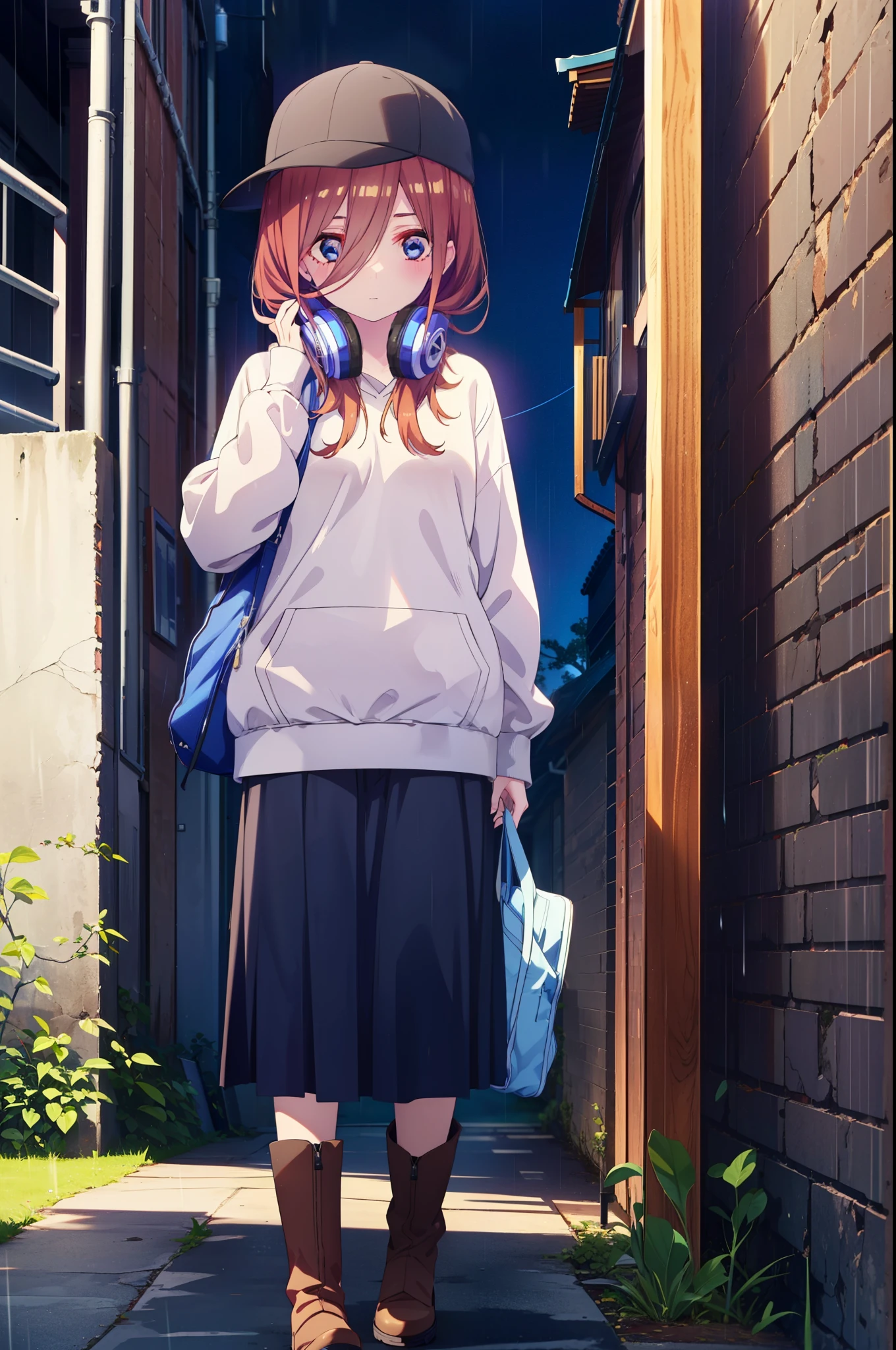 miku nakano, Nakano Miku Ticket III, Long Hair, bangs, blue eyes, Brown Hair, Hair between the eyes,Baseball hats,Headphones around neck,Oversized blue hoodie,Long skirt,short boots,rain,Hiding in a roofed building,Standing with my back against the wall,whole bodyがイラストに入るように,
break outdoors, Alley,
break looking at viewer, whole body,
break (masterpiece:1.2), Highest quality, High resolution, unity 8k wallpaper, (figure:0.8), (Beautiful attention to detail:1.6), Highly detailed face, Perfect lighting, Highly detailed CG, (Perfect hands, Perfect Anatomy),