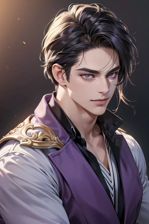 (best quality,4k,8k,highres,masterpiece:1.2),ultra-detailed,(realistic,photorealistic,photo-realistic:1.37),30 year old man,3 day beard,handsome anime,portraits,strong,masculine,dark hair,sharp jawline,((mesmerizing purple eyes)),((perfectly styled hair)),cool anime outfit,((confident expression smile in love)),vibrant colors,dynamic lighting