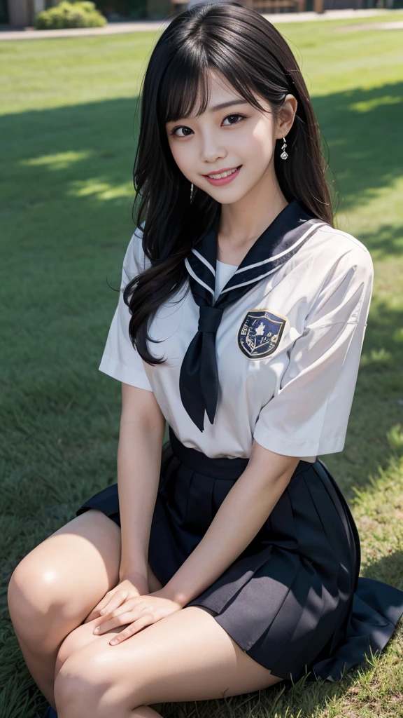 A scene of a black-haired woman wearing a sailor uniform sitting on the grass on a sunny day with a big smile