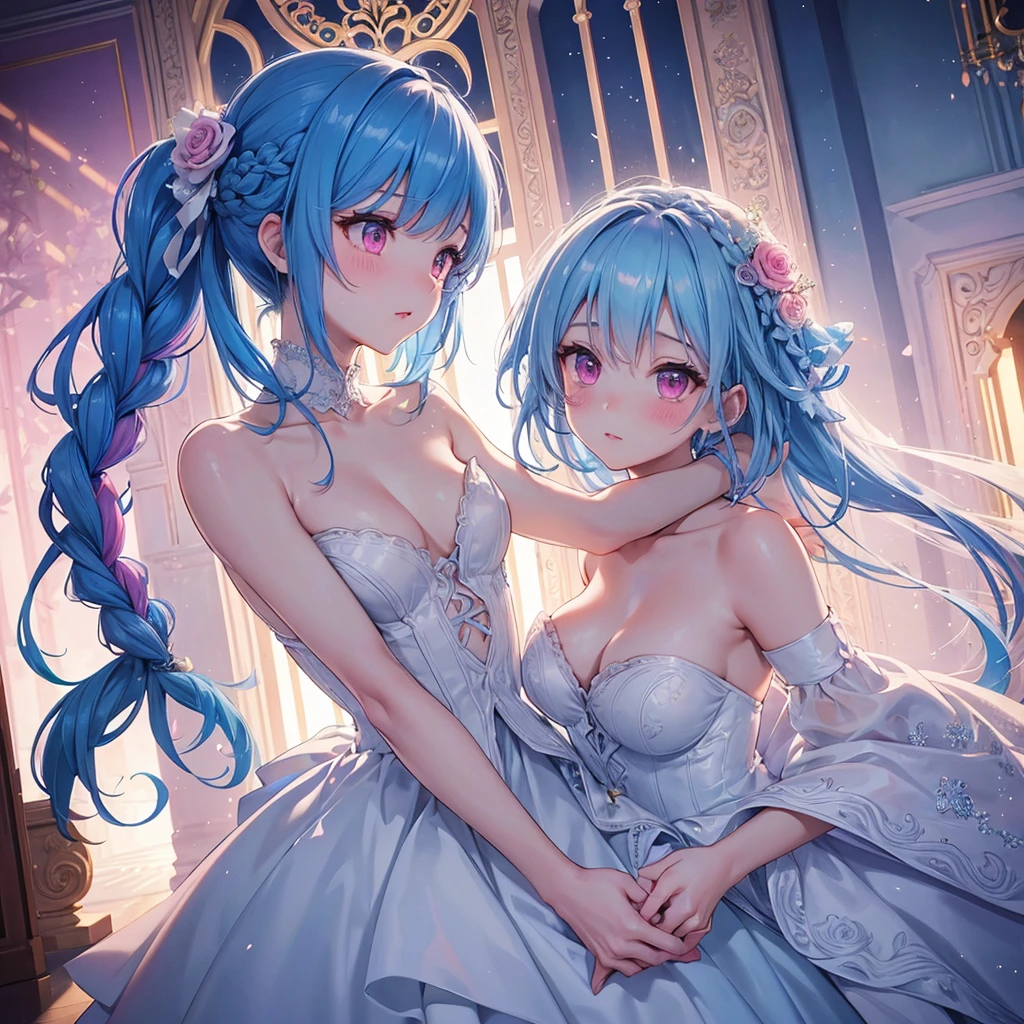 Sky blue hair, (Braided Ponytail),(Pink Eyes),Fair skin ,(whole body),(1 Girl),bride,blush,Straight bangs, 6月のbride,Wedding dress,(masterpiece, Highest quality, Very detailed, Best Shadow), (Detailed Background), (Beautifully detailed face), High Contrast, (Best lighting, Very delicate and beautiful), ((Cinematic Light)), colorful, Hyper Detail, Dramatic Light, Intricate details,Wedding hall,Rose flower。