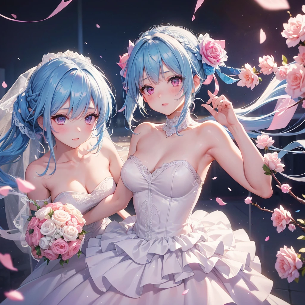 Sky blue hair, (Braided Ponytail),(Pink Eyes),Fair skin ,(whole body),(1 Girl),bride,blush,Straight bangs, 6月のbride,Wedding dress,(masterpiece, Highest quality, Very detailed, Best Shadow), (Detailed Background), (Beautifully detailed face), High Contrast, (Best lighting, Very delicate and beautiful), ((Cinematic Light)), colorful, Hyper Detail, Dramatic Light, Intricate details,Wedding hall,Rose flower。