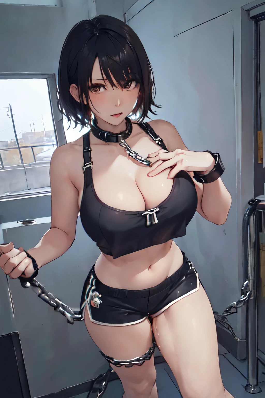 masterpiece, Highest quality, 1 person,( Are standing, View your viewers),Detailed Background、A person who writes in detail、Accurate human body、Knowledgeable person、Accurate 5 fingers, (woman,large breasts,Curvy body,alone, short hair, black hair ,crop top,dolphin shorts),((pussy juice))、Big Breasts,slave collar,Inside the Jail,chain leash