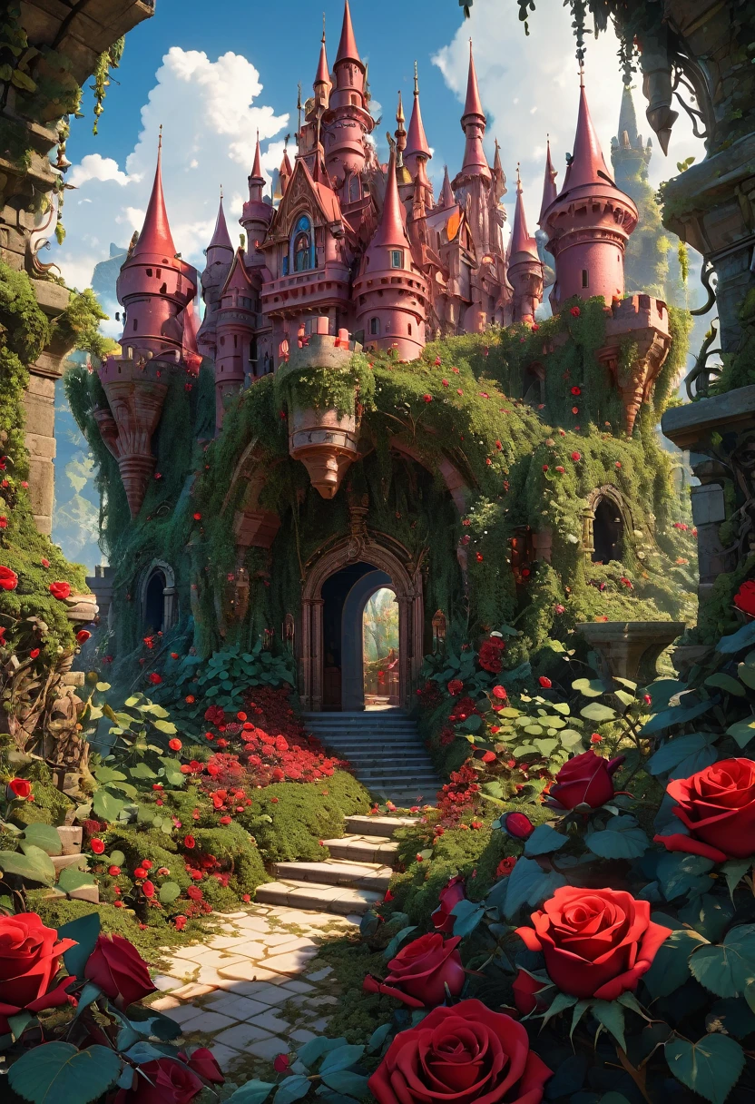 A fantastical image of a reddish castle surrounded by ultra sharp and prickly brambles with scarlet roses on them. Very detailed, UHD, masterpiece
