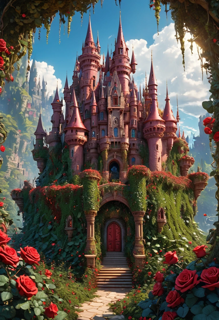 A fantastical image of a reddish castle surrounded by ultra sharp and prickly brambles with scarlet roses on them. Very detailed, UHD, masterpiece