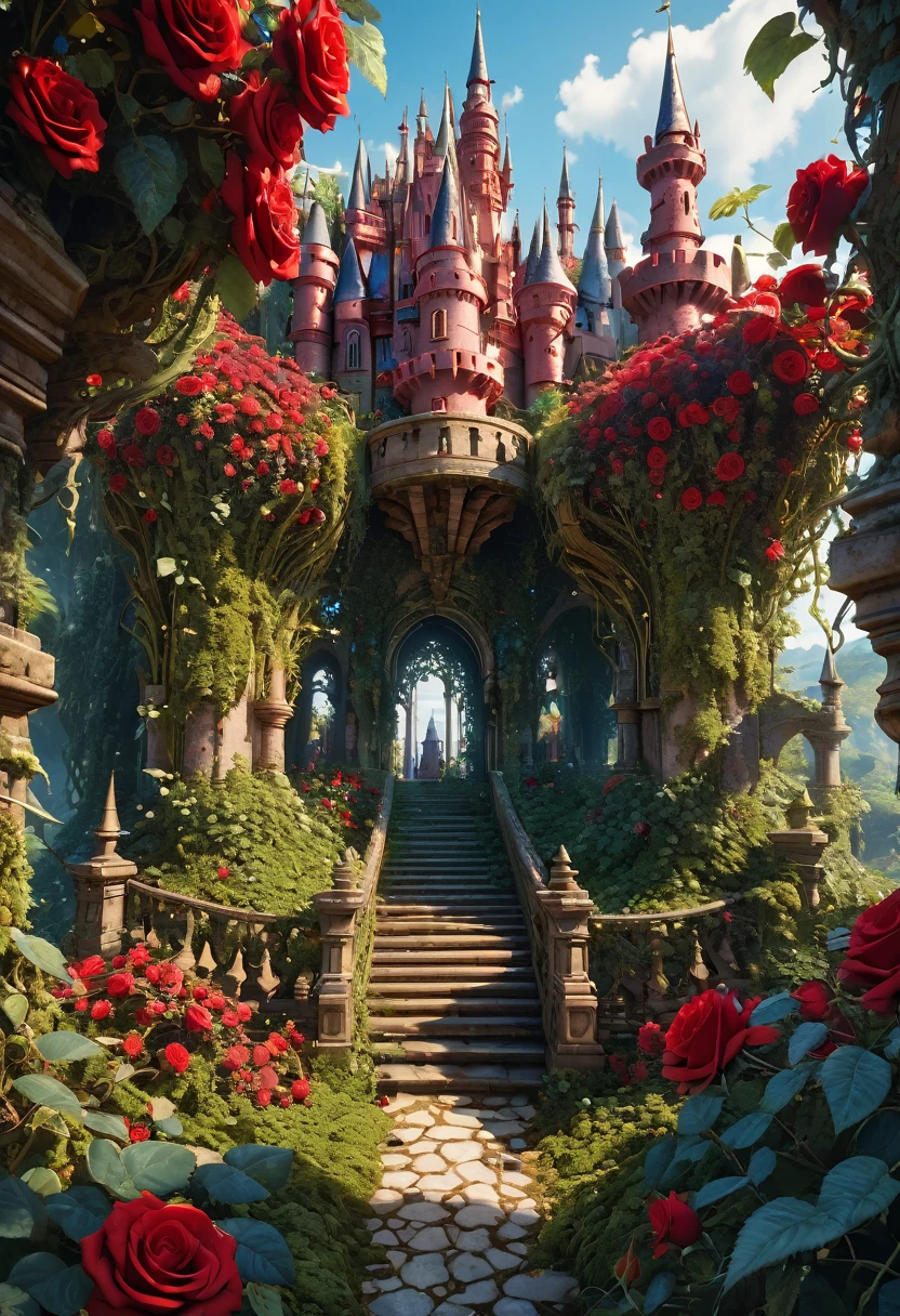 A fantastical image of a reddish castle surrounded by ultra sharp and prickly brambles with scarlet roses on them. Very detailed, UHD, masterpiece