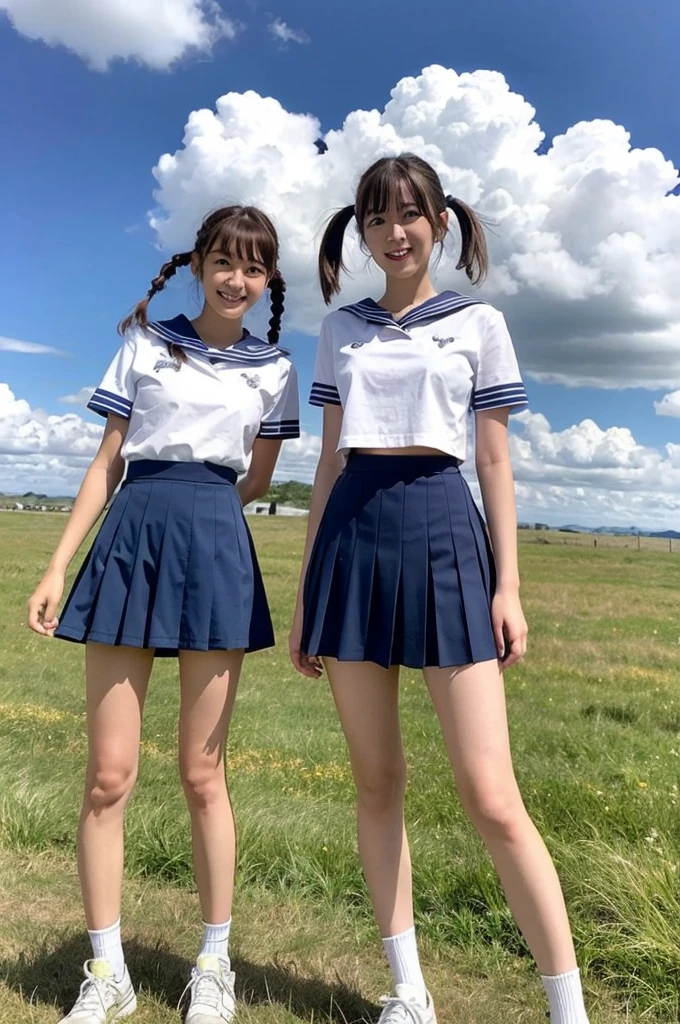 2 girls in school yard filled with cherry blossoms,white gym shirt over blue school swimsuit,school bag,18-year-old,bangs,a little smile,thighs,knees,low ponytails with barrette,from below,front light