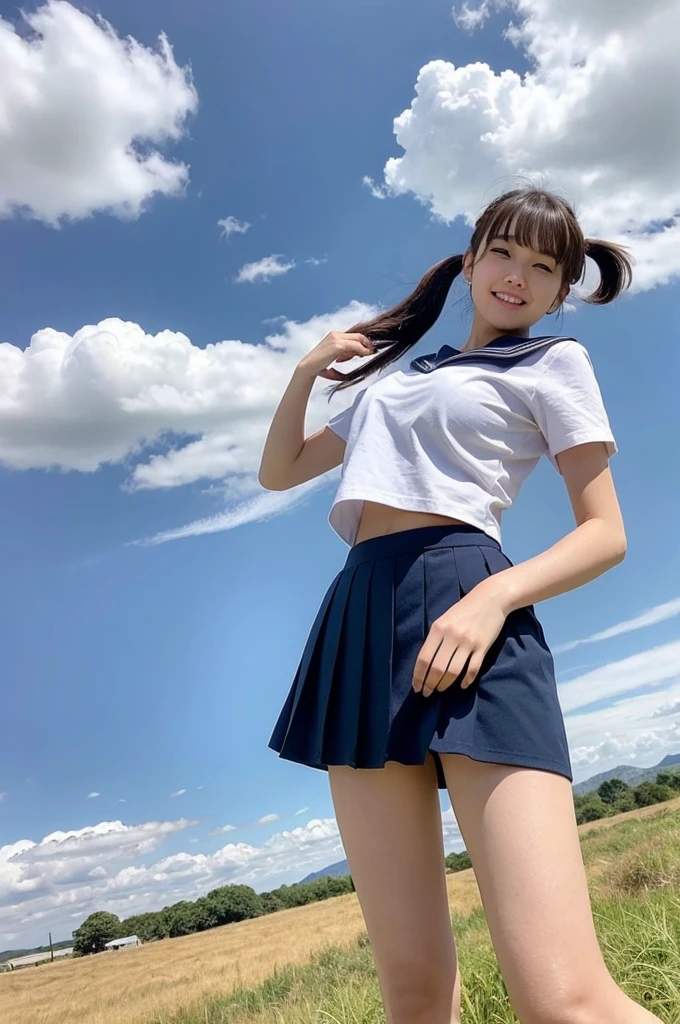 girls standing in windy rural field,large cumulonimbus cloud in summer blue sky,white sailor shirt,navy blue pleated skirt rolling up in wind,white panties,18-year-old,bangs,a little smile,thighs,knees,short hair with low pigtails bunches blowing in wind,from below,front light