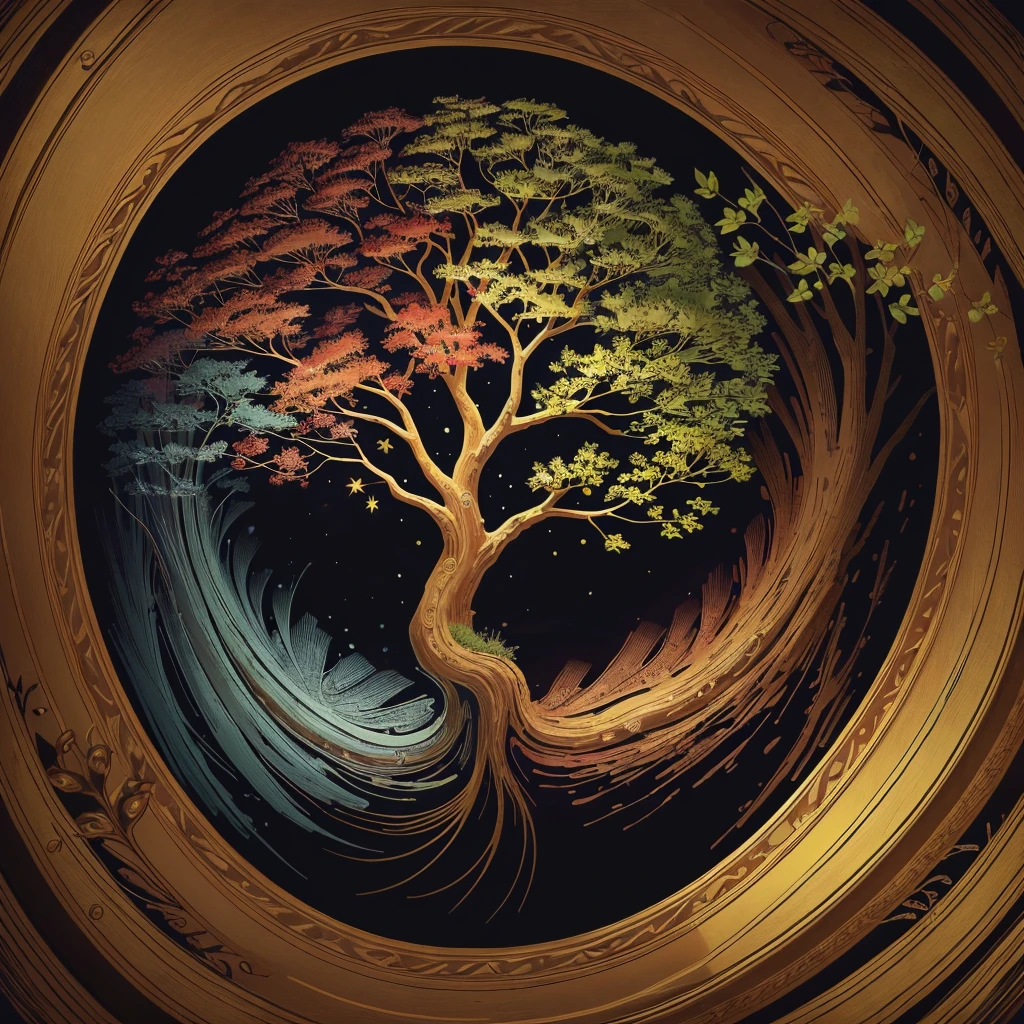 circular tree,four seasons,spring,summer,autumn,winter,leaves,roots,branches,trunk,ornate border,decorative,digital illustration,artwork,movement,time,swirling background,dark background,vibrant colors,natural,life cycle,growth,change,nature,life,peace,harmony,spirituality,symbolism,digital art,illustration,painting,graphic design,art,design,digital media,online art,visual art,fine art,fantasy