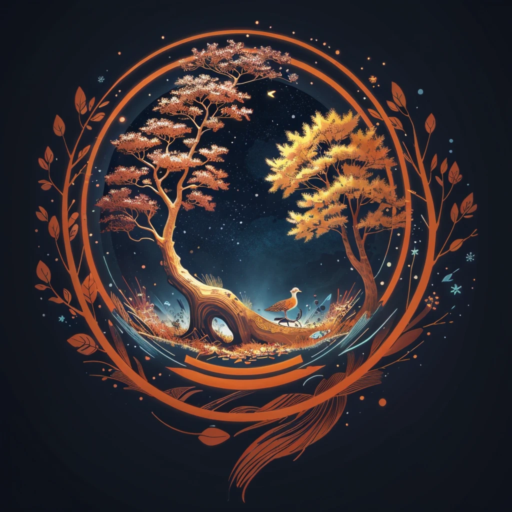 circular tree,four seasons,spring,summer,autumn,winter,leaves,roots,branches,trunk,ornate border,decorative,digital illustration,artwork,movement,time,swirling background,dark background,vibrant colors,natural,life cycle,growth,change,nature,life,peace,harmony,spirituality,symbolism,digital art,illustration,painting,graphic design,art,design,digital media,online art,visual art,fine art,fantasy