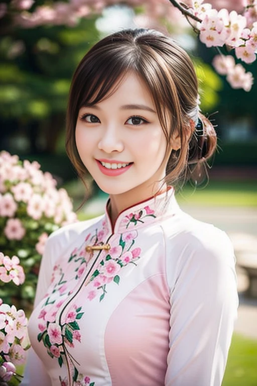 (a gorgeous lady, age 18, Vietnamese traditional dress Ao Dai, posing at Takada Castle Park Cherry Blossom, friendly expression, dimpled smile, cute snaggle-tooth, short hair ponytail, beautiful detailed face, beautiful detailed eyes, ample round bosom, photorealistic, hyper-realism, high contrast, ultra HD, realistic skin textures, top image quality, top-quality, super high resolution, fine details, very meticulously, masterpiece, head to knees, the Cowboy shot, romantic stunning, bokeh background)