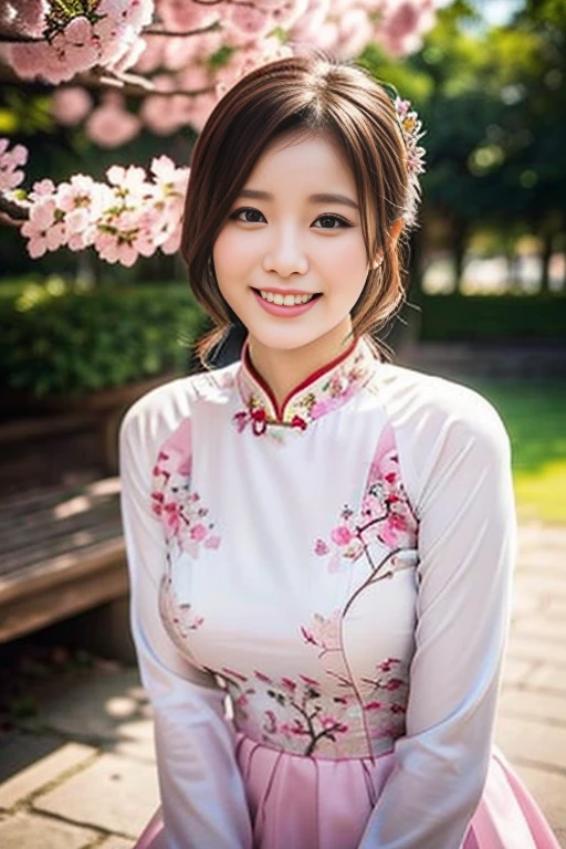 (a gorgeous lady, age 18, Vietnamese traditional dress Ao Dai, posing at Takada Castle Park Cherry Blossom, friendly expression, dimpled smile, cute snaggle-tooth, short hair ponytail, beautiful detailed face, beautiful detailed eyes, ample round bosom, photorealistic, hyper-realism, high contrast, ultra HD, realistic skin textures, top image quality, top-quality, super high resolution, fine details, very meticulously, masterpiece, head to knees, the Cowboy shot, romantic stunning, bokeh background)