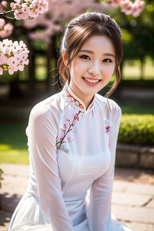 (a gorgeous lady, age 18, Vietnamese traditional dress Ao Dai, posing at Takada Castle Park Cherry Blossom, friendly expression, dimpled smile, cute snaggle-tooth, short hair ponytail, beautiful detailed face, beautiful detailed eyes, ample round bosom, photorealistic, hyper-realism, high contrast, ultra HD, realistic skin textures, top image quality, top-quality, super high resolution, fine details, very meticulously, masterpiece, head to knees, the Cowboy shot, romantic stunning, bokeh background)