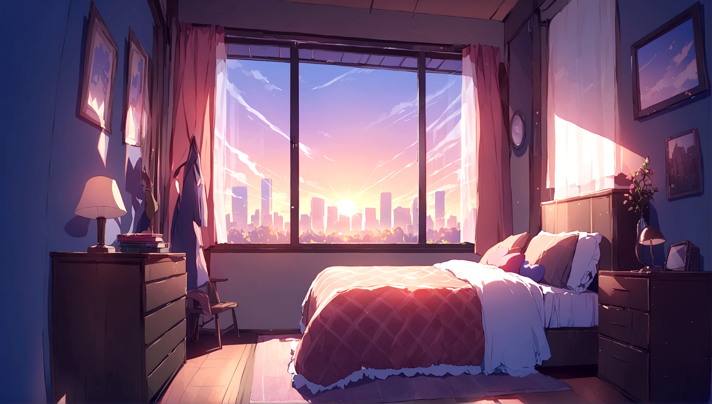 room、Small white bed、Wooden desk、lamp、mat、closet、Bookshelf、Warm Light、window、かわいいroom、Heart Cushion、Chair、background