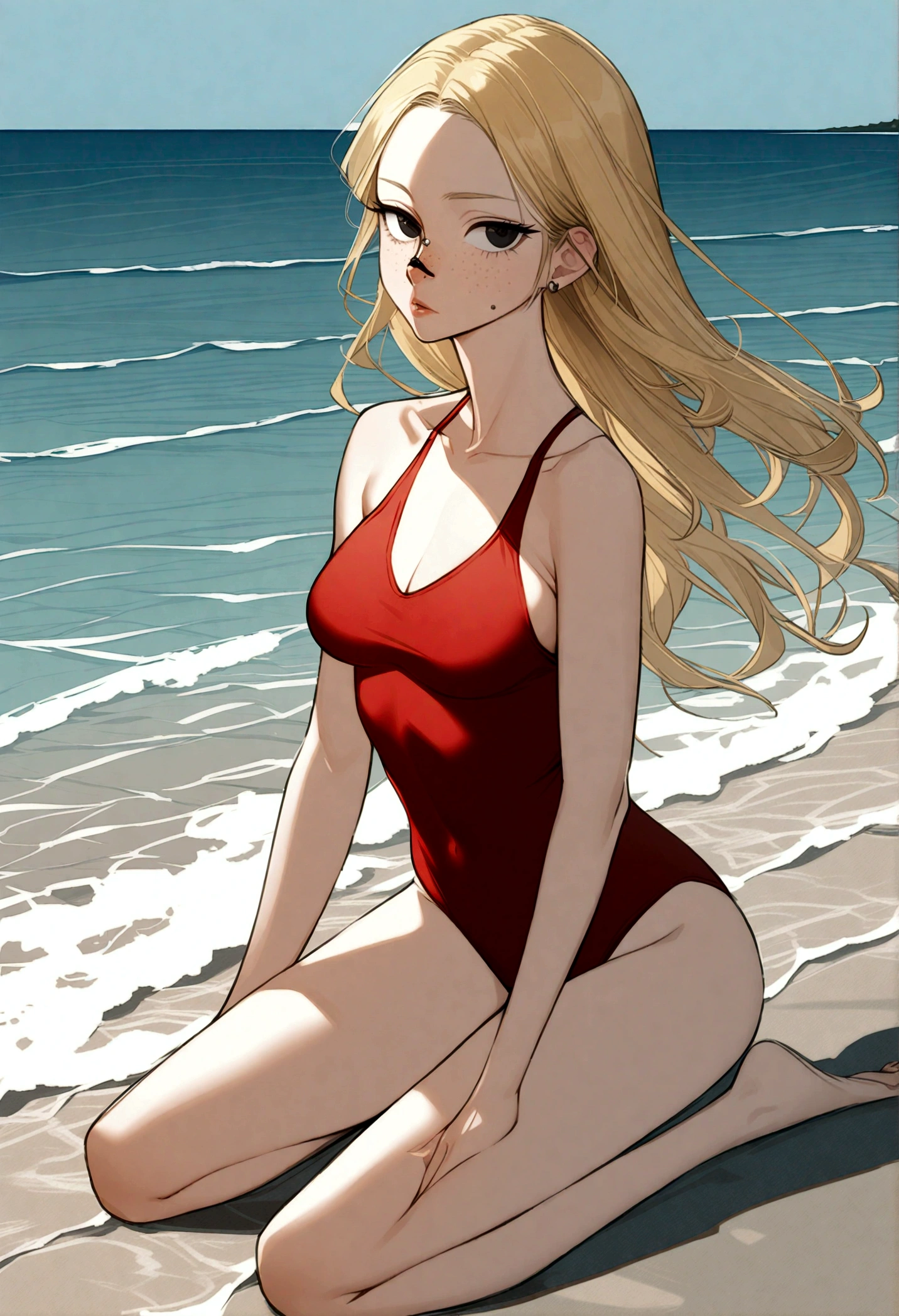 (((32k))),(((of the highest quality)) , woman with long straight blonde hair, black eyes, freckles on the cheeks, Nose piercing, slender body, pompous lips, backwards, slender body, wearing a red two piece swimsuit, background sea, on the beach, during the day, whole body.