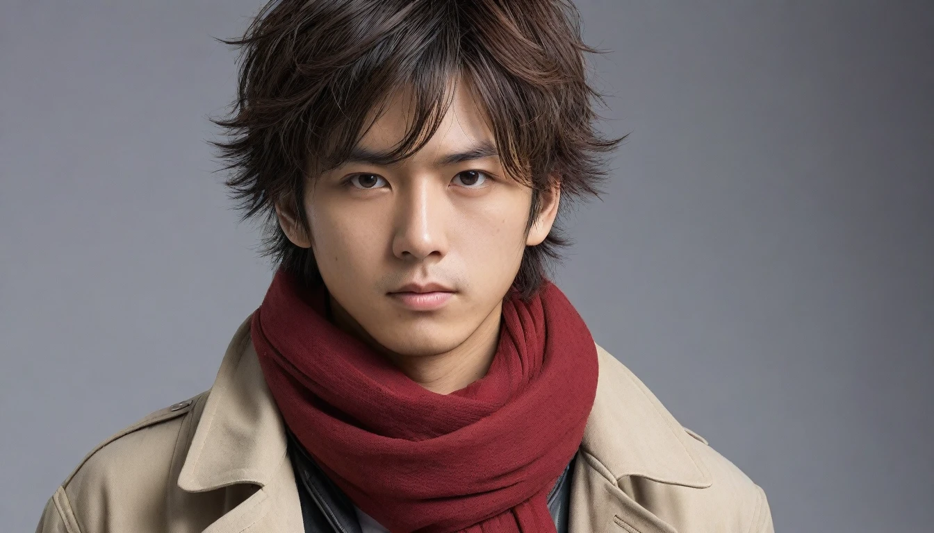 1man, perfect face, Young Japanese man wearing a red scarf and a somewhat old and worn brown jacket, best quality ,masterpiece, illustration, extremely detailed ,CG ,unity ,8k wallpaper, Amazing, finely detail, masterpiece,best quality,official art,extremely detailed CG unity 8k wallpaper,absurdres, incredibly absurdres, huge filesize, ultra-detailed, highres, extremely detailed, messy hair, japanese boy, japan young man, completely white t-shirt, battered red scarf, ryoma nagare, cream coat,18yo, 18 years old, age 18,