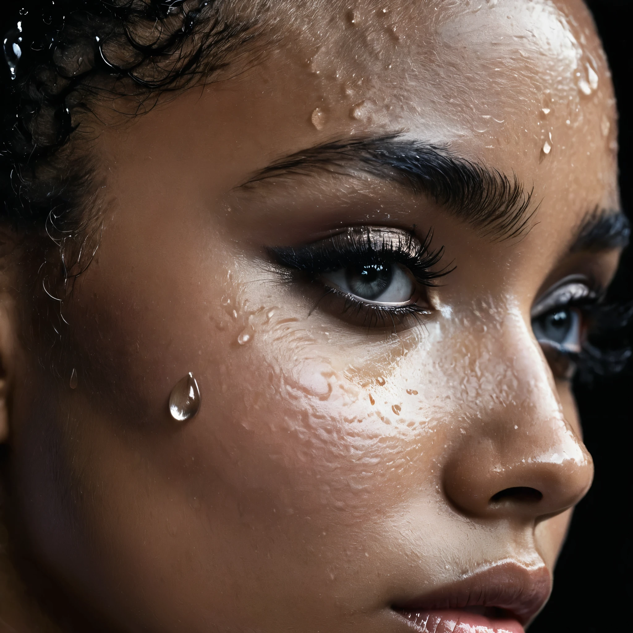 close up and zoomed in on a beautiful black girl with crying a single teardrop running down her face and a black background, sad, depressed, emotinoal, tearing up, crying, close up on side profile only showing cheek and eyelight falling on face, noir photorealism, mysterious portrait of a woman, chiaroscuro portrait, grainy black and white photo. close up on side profile, tinashe, zoe kravitz, zoomed in on tear drop, euphoria vibes, tears, crying