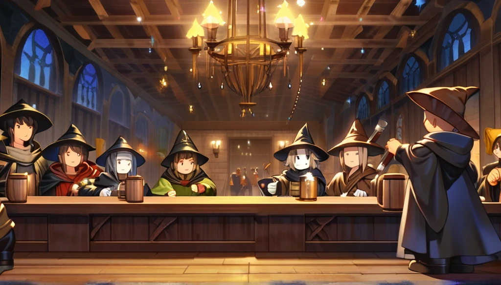 ((Final Fantasy Tactics based, anime Infinite Status art, 4k, epic quality, Surrealist Dreamy, detailed texture)). The theme is festive. It's night. The setting is a large old medieval tavern, well detailed, wooden furniture, wooden walls with chandeliers completely illuminating the scene, some windows, wooden floors. There are several people around the scene, men and women, from several different role-playing classes (knights, monks, assassins, thieves, archers, bards, clerics), partying and drinking a lot of beer, they are drunk, The focus of the scene is a wizard(in the center of the scene, bald, handsome face and smiling like a drunk, black beard slightly gray, white skin, brown eyes, strong and short in stature, he wears a pointy wizard's hat and legendary wizard's clothes, he is drinking beer from a mug using his left hand, he is partying with the others). The atmosphere is happy and magical. complete view of the scenario.