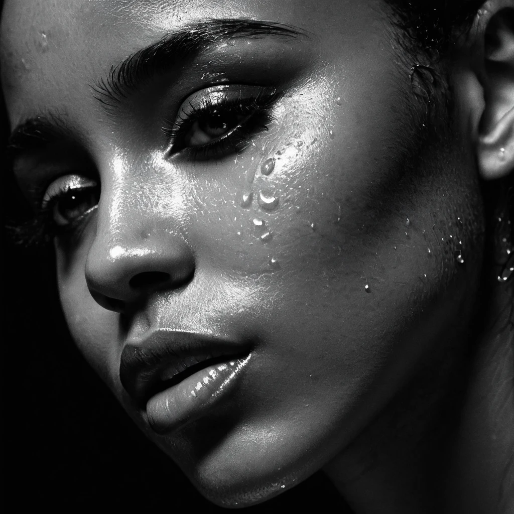 close up and zoomed in on a beautiful black girl with crying a water teardrop running down her face and a black background, close up on side profile only showing cheek and eyelight falling on face, noir photorealism, mysterious portrait of a woman, chiaroscuro portrait, grainy black and white photo. close up on side profile, tinashe, zoe kravitz, zoomed in on tear drop, euphoria vibes