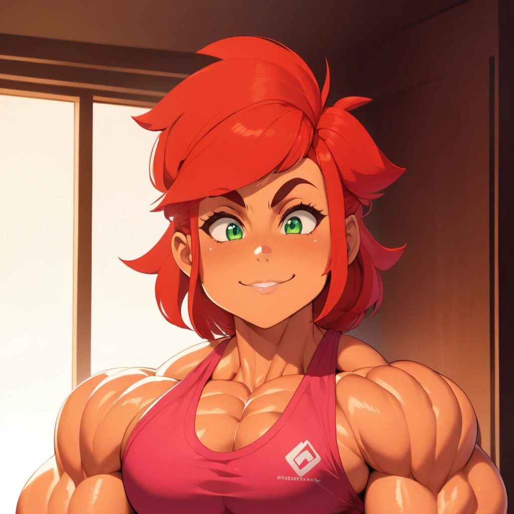 (masterpiece:1.2), (best quality), (ultra detailed), (8k, 4k, intricate),(full-body-shot:1), (highly detailed:1.2),(detailed face:1.2), (detailed background), muscle woman, big muscles, huge muscles, massive muscles, muscle girl, bronze skin, Her facial features are a mix of determination and kindness, with expressive eyes that radiate a sense of adventuremuscle woman with red hair wearing pink tank top, most muscular pose, woman with huge muscles, green eyes, smile