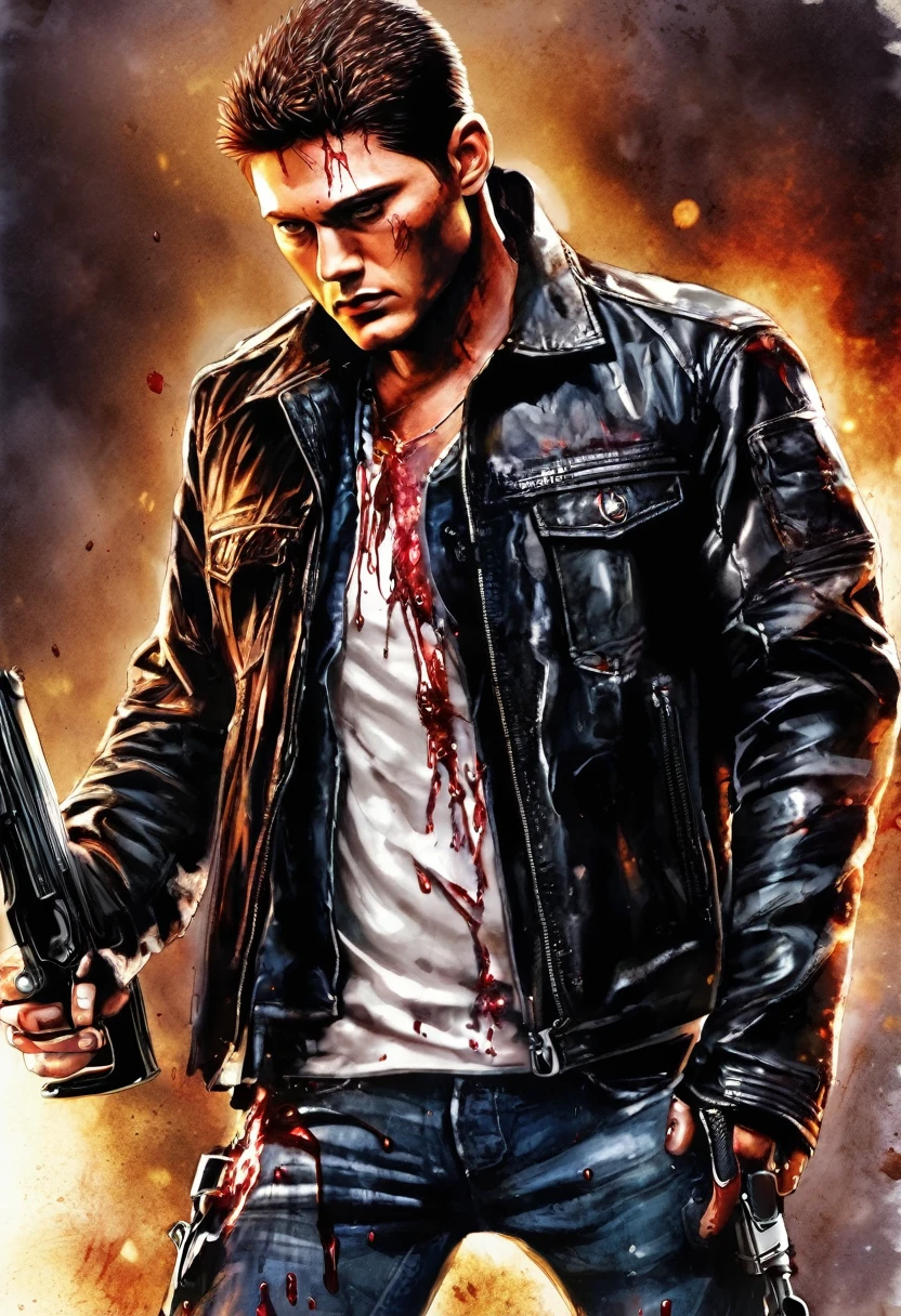 Crie concepts art para um filme do dean winchester's loiro com ,with black leather jacket and jeans,and torn,he is bleeding,and holding a gun!