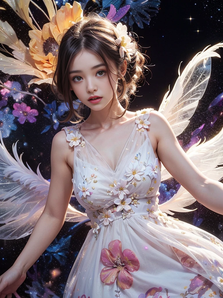4K Ultra HD, masterpiece, girl, Nice face, Fine grain, Detailed lips, Flower fairy girl, Big Wings, Transparent feathers, Neon Light, (Galaxy Background:1.5), (Floral Dress:1.8), (White Dress:1.5), In heaven,
