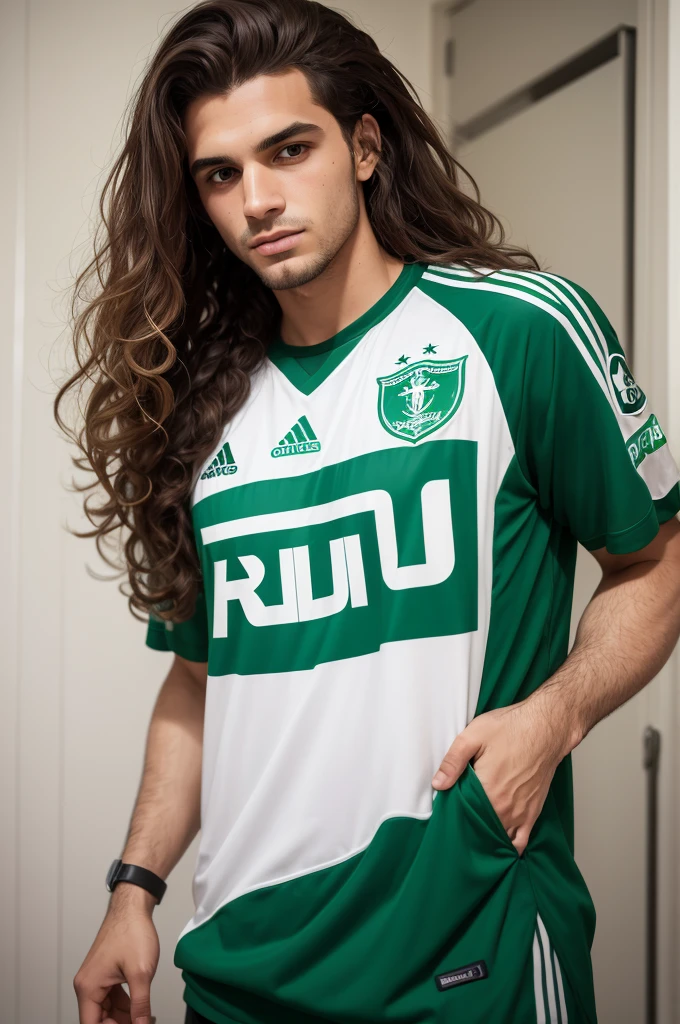 Dremi with the Palmeiras shirt, long curly hair