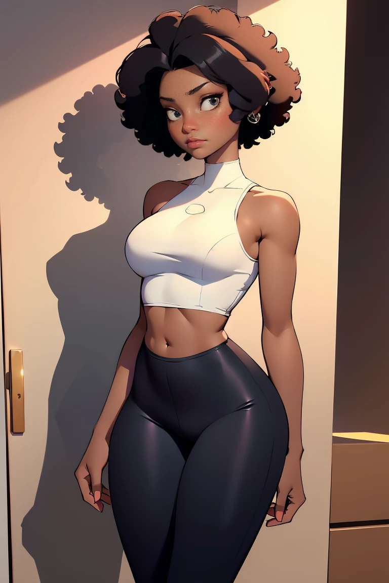afro american girl, dark skin, behind view, afro haircut, 1 girl, solo, (black leggins) (crop tank top low neckline), sleveless, medium perky , wide hips