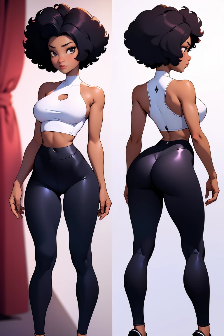 afro american girl, dark skin, behind view, afro haircut, 1 girl, solo, (black leggins) (crop tank top low neckline), sleveless, medium perky , wide hips
