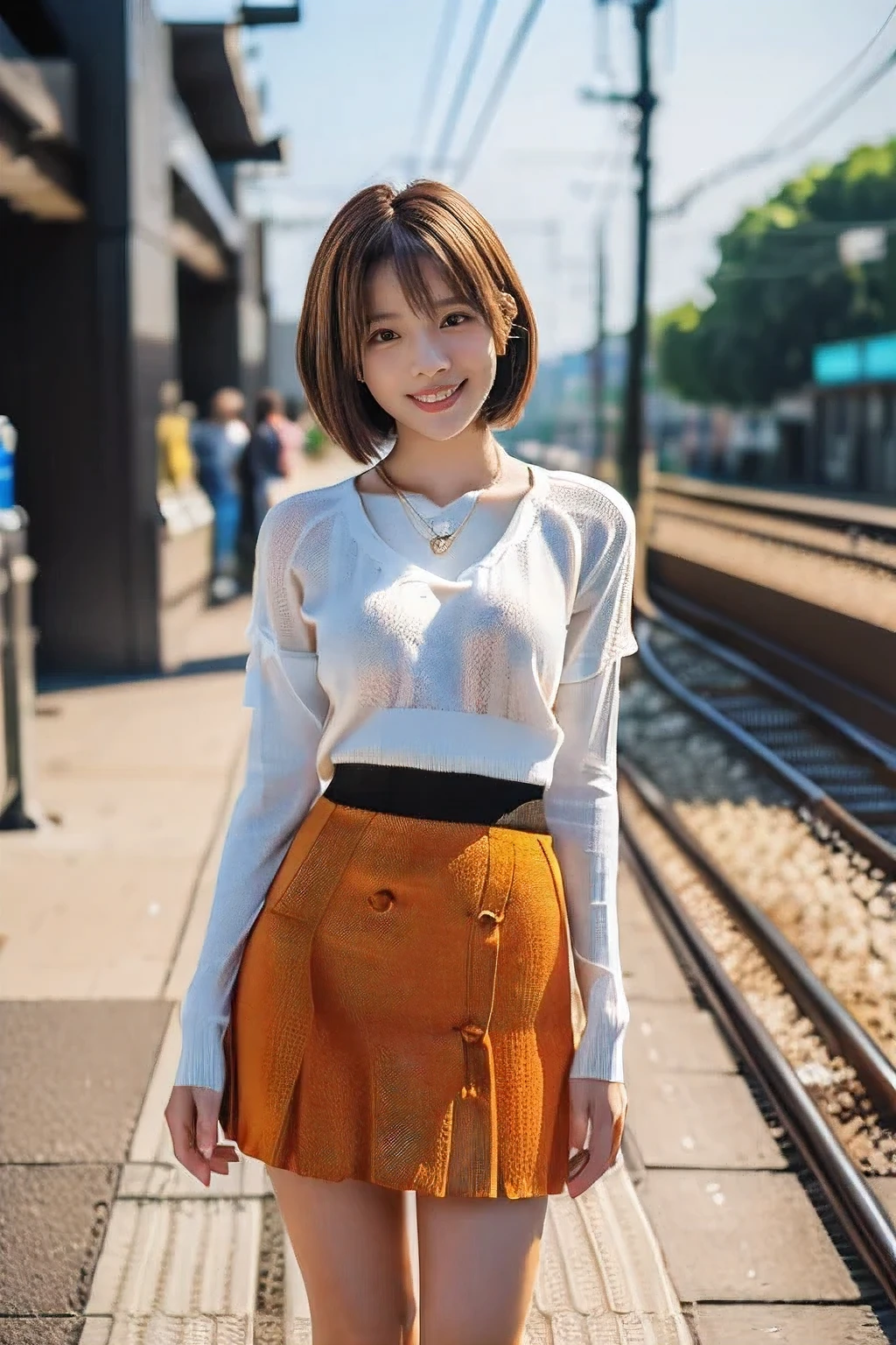 (Standing on the station platform:1.5)、(A kind smile:1.5)、(18-year-old female:1.5)、(The best quality at its best:1.4), (Super detailed), (Very detailed CG unified 16k), Beautiful woman with perfect figure: 1.4, Sharp focus: 1.2, Very detailed, High-quality RAW color photos, Professional photography, Great face and eyes, cosmetics, (Amazingly beautiful girl), ((White summer knit with black tight skirt:1.5)), Realistic movie faces, Full body long view from head to toe, Realistic, ((Realistic natural orange red hairstyle)), ( Short Bob Hair:1.5), (necklace:1.5)、, Very beautiful face, Perfect model beauty, Mouth swelling, Highly detailed face and skin texture, Fine grain, double eyelid, Medium chest, (masterpiece), Highest quality, High resolution, Very detailed, Blurred Background, Depth of written boundary, Cinema Lighting, Great legs, , Clear, well-maintained skin,((Full body shot from head to toe:1.5))