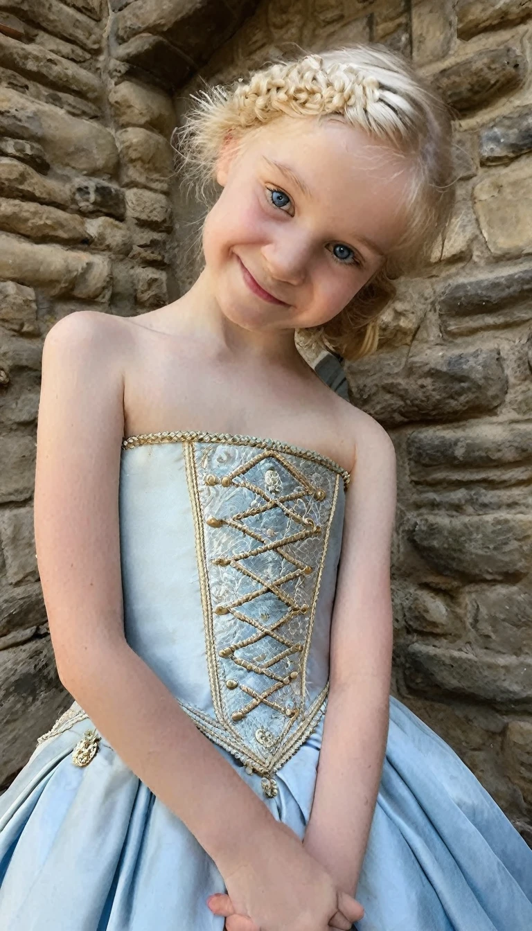 Phone photo, natural look of 9 years old girl, wearing medieval strapless french dress, arms behind head, armpits, natural light,  blue eyes, light blonde hair, arms up, sweaty, at castle main hall, detailed face, detailed armpits, posted at snapchat in 2019, super cute face, half body