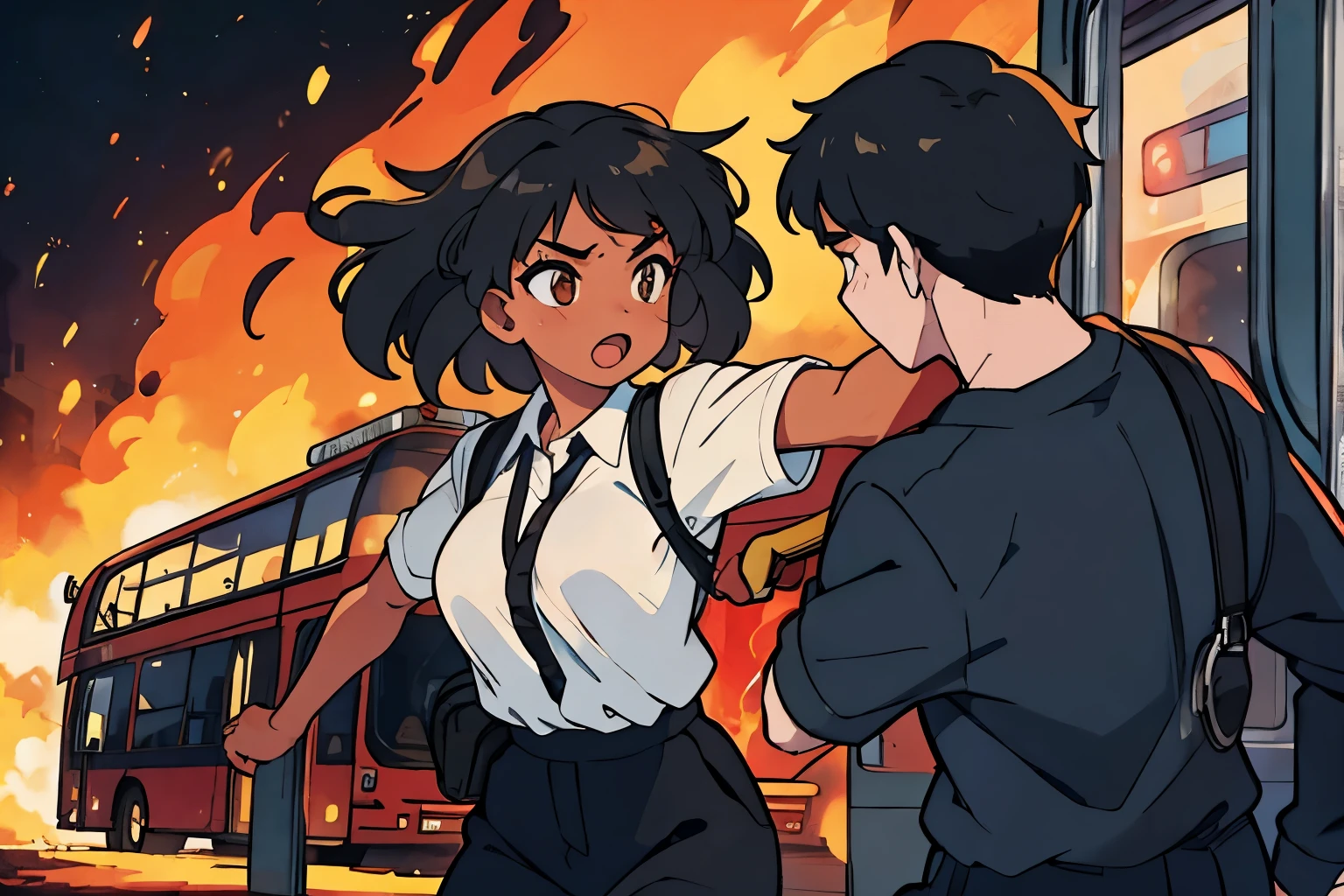 masterpiece, one black woman and one white male bus driver actively fighting with fire on a bus