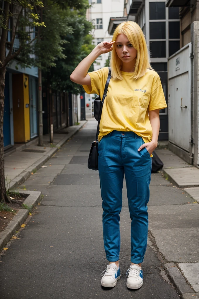 Girl character, yellow hair, blue shirt, wearing blue trousers, black shoes