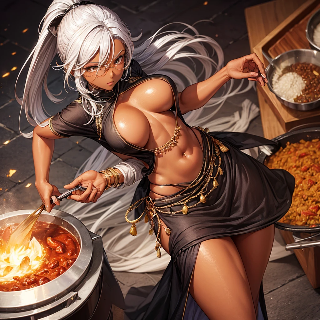 A dark-skinned woman with silver hair in a ponytail, Wearing a black dress shirt and slim jeans, Making spices. Showing your belly button Indian traditional clothing Tandoori kettle Tandoori Chicken